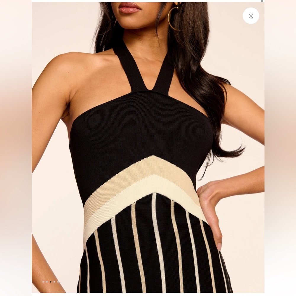 Ramy Brook Campbell Panel Fringe Black, White, Beige Stripe Knit Halter Dress XS - Picture 7 of 14